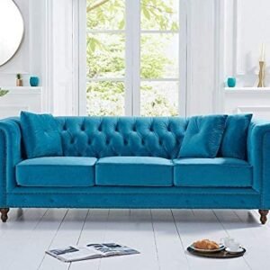 Chesterfield Light Blue Velvet Fabric Sofa