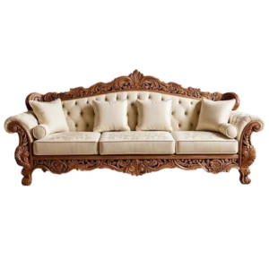 Teak Wood Royal Carved Sofa Cream Fabric
