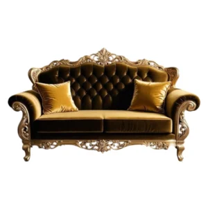 Royal Carved Velvet Sofa – Gold Frame with Deep Olive Upholstery