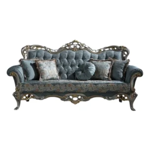 Vintage Royal Carved Sofa – Blue Fabric with Antique Silver Finish