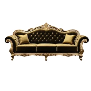 Royal Velvet Sofa – Black & Gold with Hand-Carved Detailing