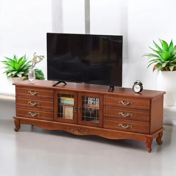Vintage Wooden TV Stand with Glass Cabinet & Ornate Drawer Storage – Classic Carving Design