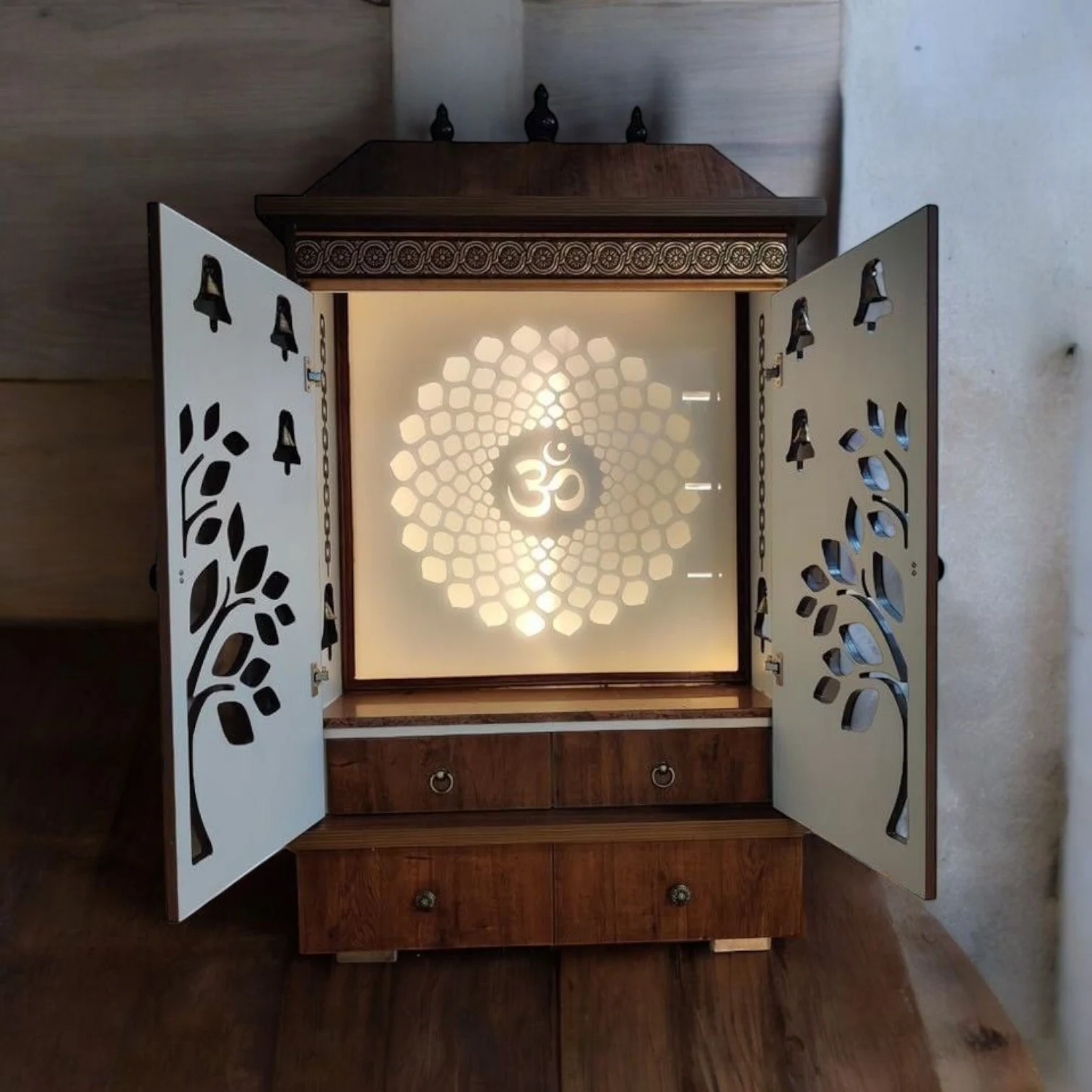 Decorative Wooden Pooja Mandir with Om Symbol, Intricate Carvings, and LED Backlight