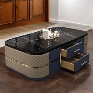 Luxury Quilted Coffee Table with Black Marble Top & Storage Drawers – Elegant Modern Centerpiece