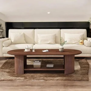 Mid-Century Modern Oval Coffee Table with Ribbed Pedestal Legs & Open Shelf – Walnut Finish