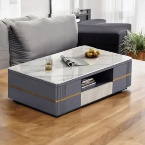 Modern Rectangular Coffee Table with Faux Marble Top & Hidden Storage – Grey with Gold Accents