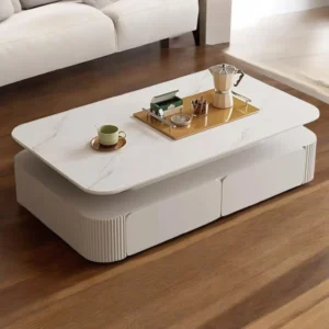 Modern White Marble Coffee Table with Hidden Storage Drawers – Sleek Minimalist Design
