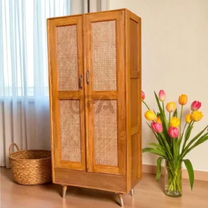 Wooden Cane Work Almirah with 2 Doors- Natural Finish