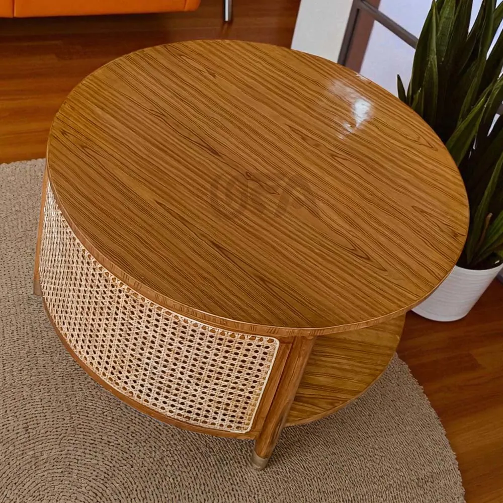 Classic Round Cane Wooden Centre Table With Natural Finish - Image 3