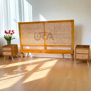 Teak Wood Cane Working Bed With 2 Cane Work Side Table In Natural Finish