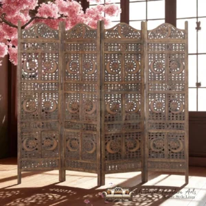 4 Panel Moon Design Wooden Partition With Burning Natural Finish