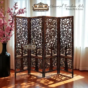 4 Panel Tree Art Wooden Partition With Rich Brown Finish