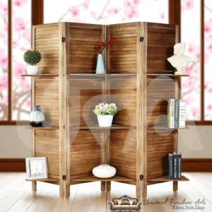 4 Panel Wooden Partition with Shelves In Natural Finish