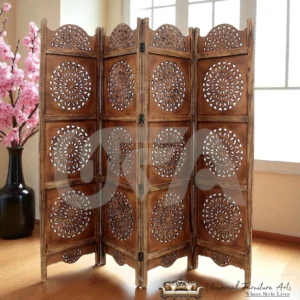 4 Panel Wooden Flower Design Partition With Antique Finish
