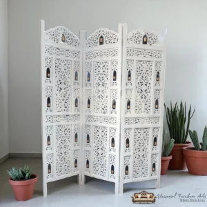 3 Panel Wooden Mughal Art & Bell Partition With White Finish