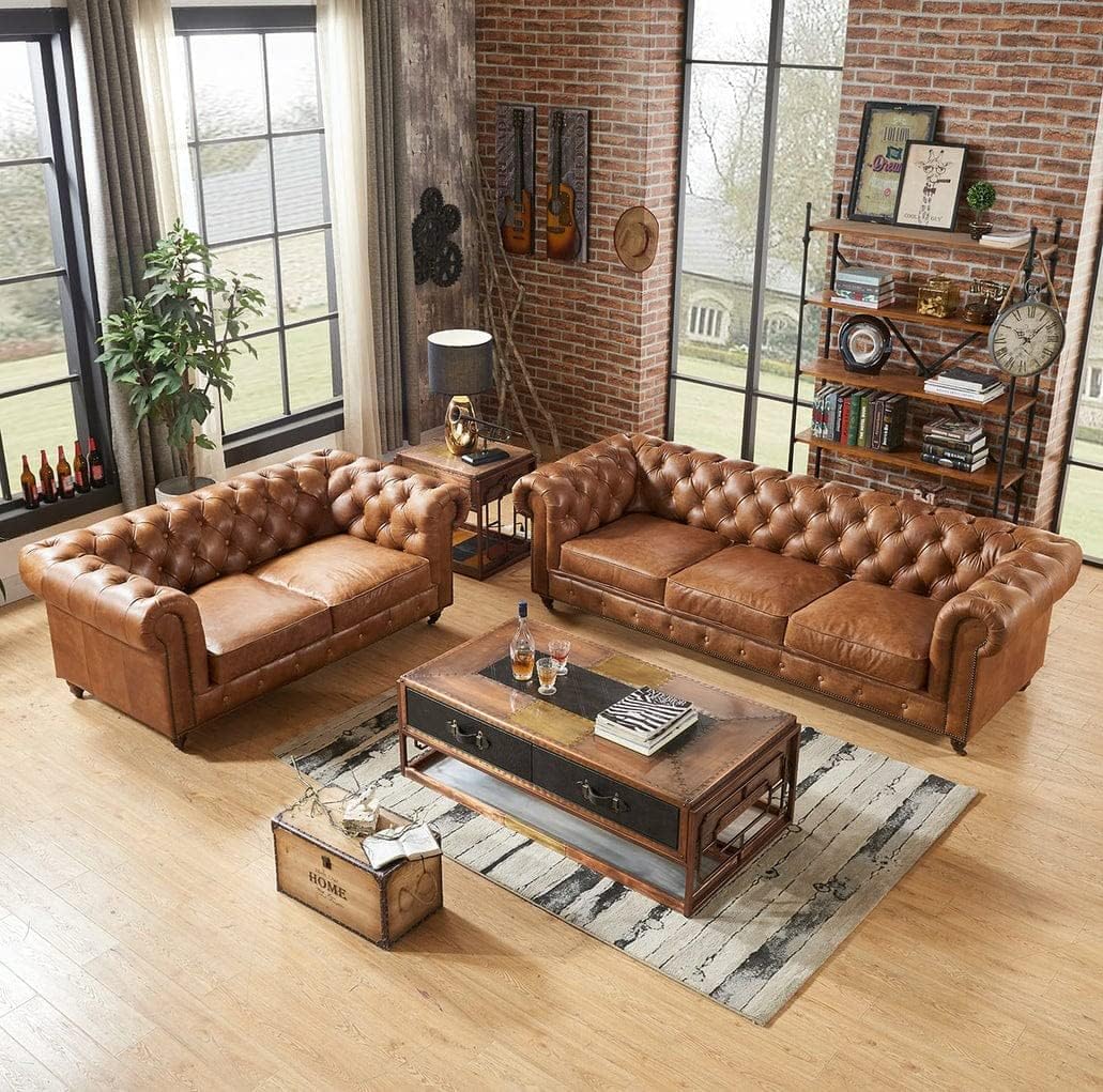 Classic Button Tufted Teak Wood Leatherette Modern Luxury Chesterfield 3+2 Sofa Set with 1 Center Table