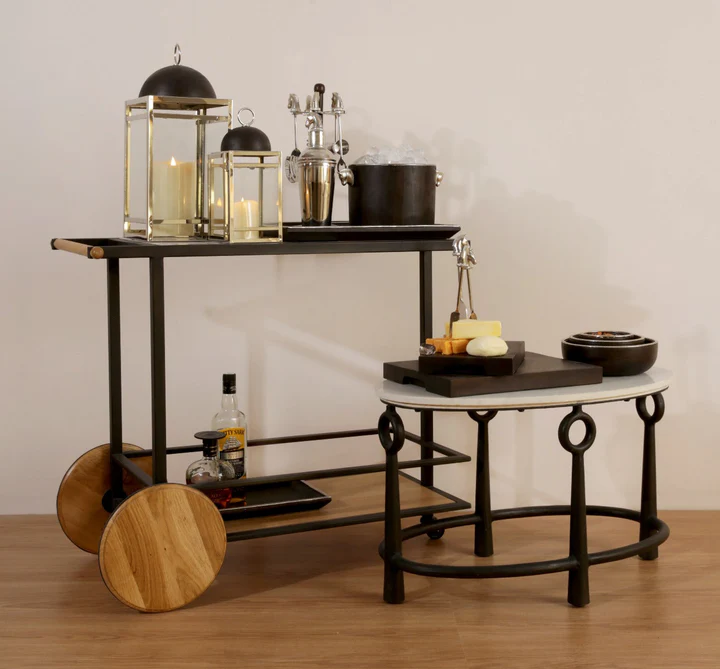 Oak 2-Tier Marble Top Metal Bar Ser