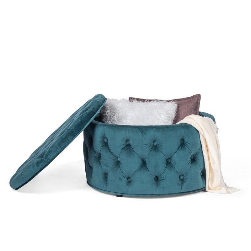 Wide Velvet Tufted Round Storage Ottoman with Storage (Blue) - Image 2