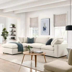 Modernize Muñeca Teak Wood L-Shape 4 Piece Sectional Sofa Set Contemporary Luxury Couch with Comfortable Cushions