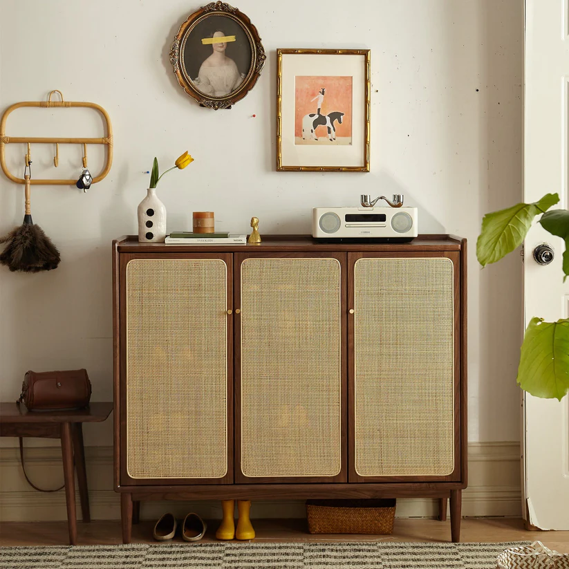 Cane Teak Wood Shoe Rack Cabinet, w