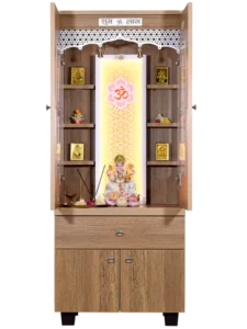 Functionality Traditional Handmade Teak Wood Pooja Temple Attached with Led Light for Daily Prayers (Natural Teak Finish)
