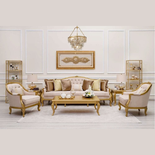 Luxurious & Elegance Design Button Tufted Hand Carved Teak Wood 3+1+1 with Center Table Sofa Set