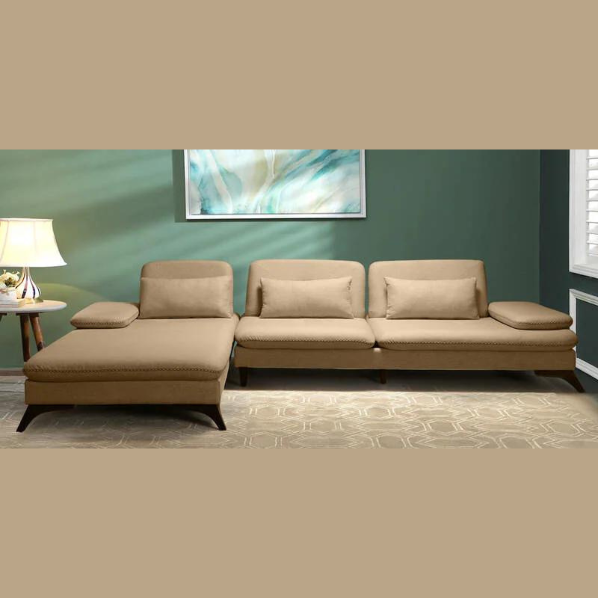 Jauna RHS Teak Wood Lounger Sectional Sofa in Sandy Beige Luxury High-End Living Room