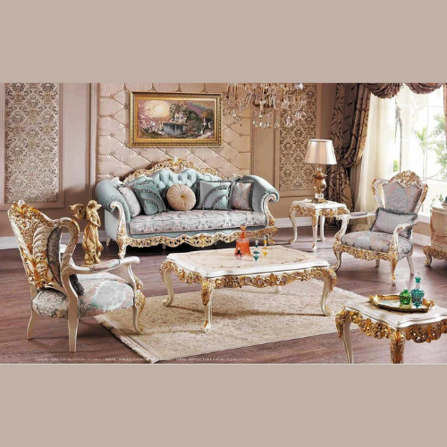 European Style Hand Carved Teak Wood Sofa Set 3+1+1 with Coffee Table & 2 Bedside Tables Luxurious Living Room
