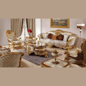 Grave Luxury Antique Hand Carved Teak Wood Sofa Set – 3+1+1 Sofas with 2 Elegant Side Tables & 1 Coffee Table for Living Room