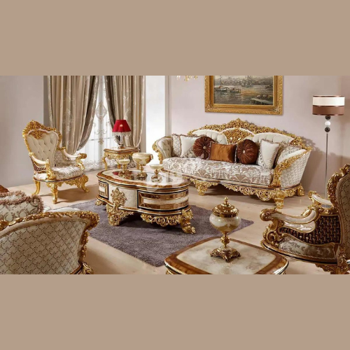 Grave Luxury Antique Hand Carved Teak Wood Sofa Set – 3+1+1 Sofas with 2 Elegant Side Tables & 1 Coffee Table for Living Room