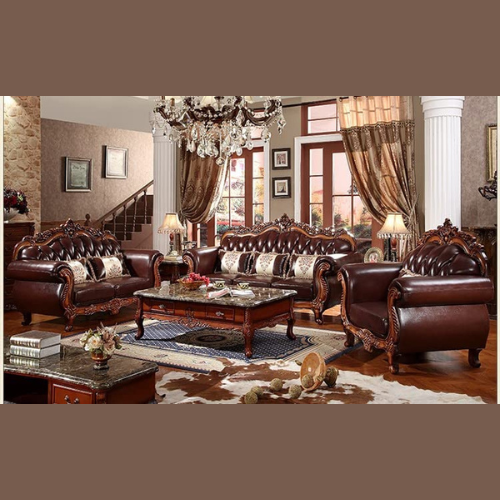 Eeyorish Luxury Antique Hand Carved Teak Wood Sofa Set 3+2+1 with Center Table, Elegant Vintage Living Room ( Dark Brown )
