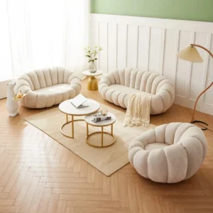 Modern Pumpkin Suede Rounded Teak Wood Button Tufted Chesterfield 3+2+1 Sofa Set with Coffee Table for Living Room