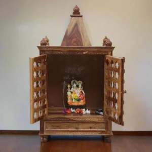 Brass Pin Traditional Handmade Wooden Pooja Temple With Door for Daily Prayers (Natural Finish)