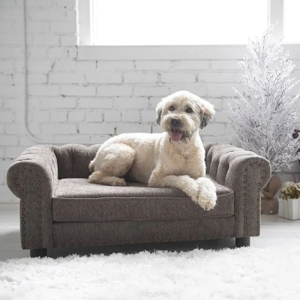 Granite Tufted Back Luxury Teak Wood Dog Bed Plush Upholstered Designer Pet Sofa, Durable & Comfortable