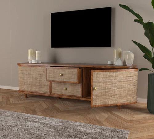 Curve Rattan Cane Rosewood TV Unit 