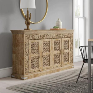 Mcoor Hand Carved Teak Wood Sideboard Cabinet with 4 Doors (Natural)