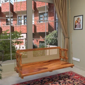 Classic Reversible Cane Back Handmade Teak Wood Swing Patio Hammock Jhula Traditional Style