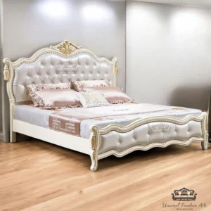 Royal Tufted Upholstered Bed with Off White & Gold Touch Finish