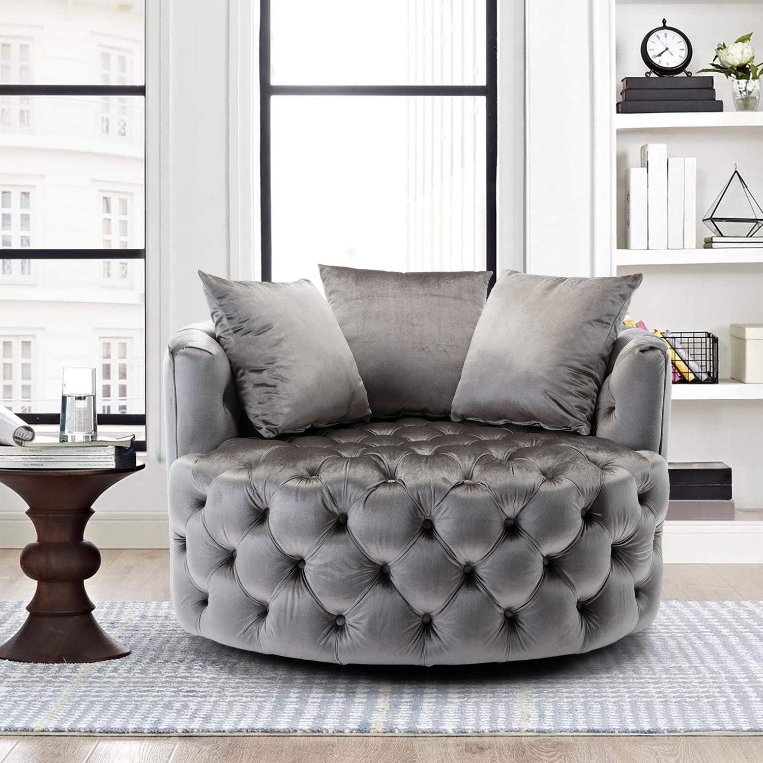 Barrel Button Tufted Design Modern Round Sofa For Living Room with 3 Pillows ( Grey )
