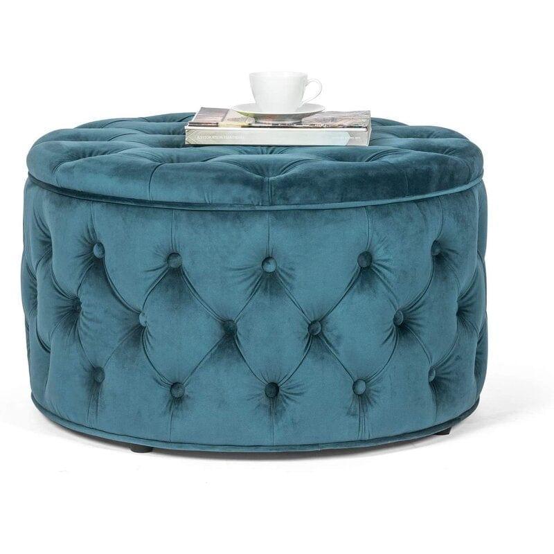 Wide Velvet Tufted Round Storage Ottoman with Storage (Blue) - Image 3