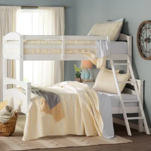 Barnett Handmade Teak Wood Bunk Bed with Ladder for Adult ( White )