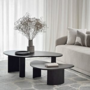 Modern Twin Coffee Table Set | Matte Black Wood Pebble Shape
