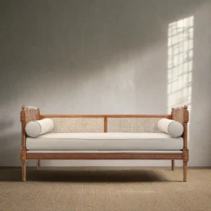 Natural Art & Crafts Crawfish Handmade Rectangular Rattan Cane Teak Wood Diwan Bed for Living Room Bedroom