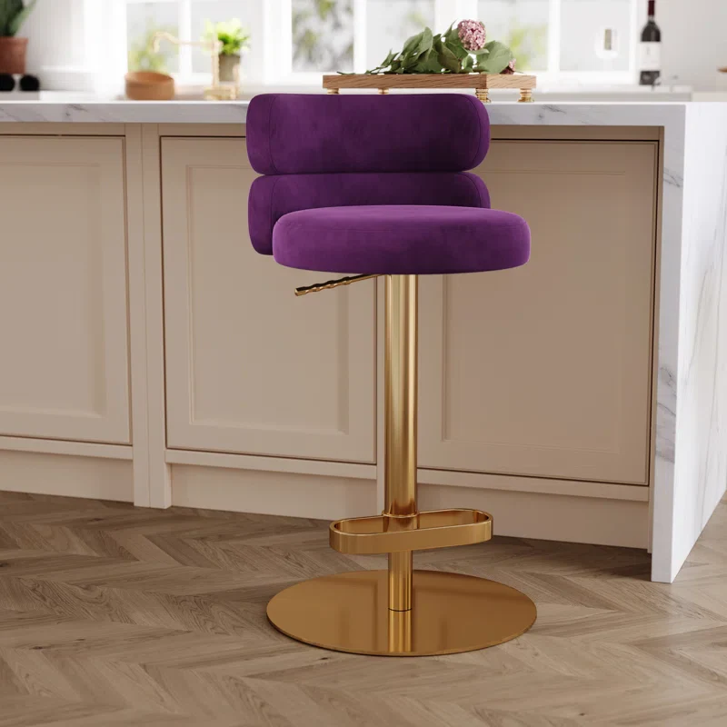 Giacamoy Adjustable Height Swivel Velvet Counter and Bar stool in Stainless Steel Modern Design ( Purple ) - Image 2