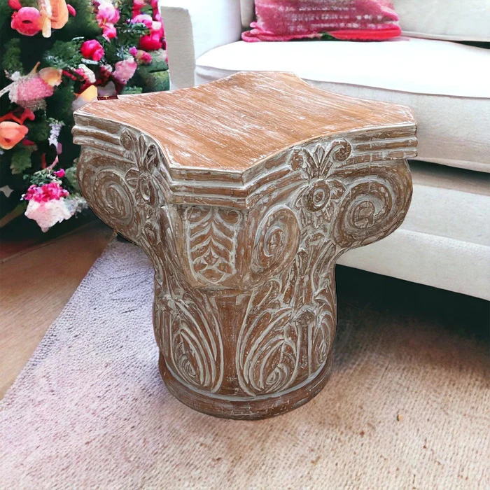Hand Carved Pedestal Style End Tabl