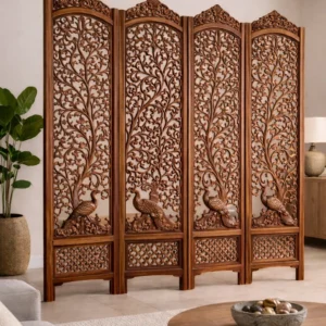 Royal Hand Carved Wooden Room Divider On Peacock Tree Design Luxury Partition Screen