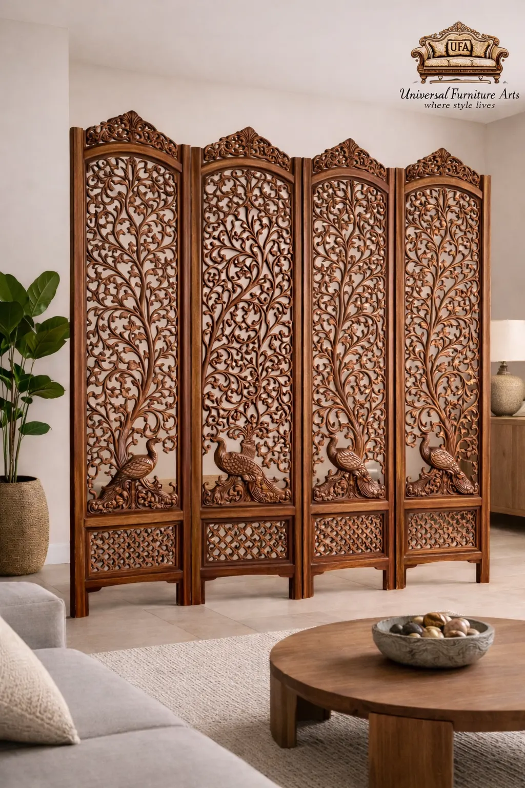 Royal Hand Carved Wooden Room Divider On Peacock Tree Design Luxury Partition Screen