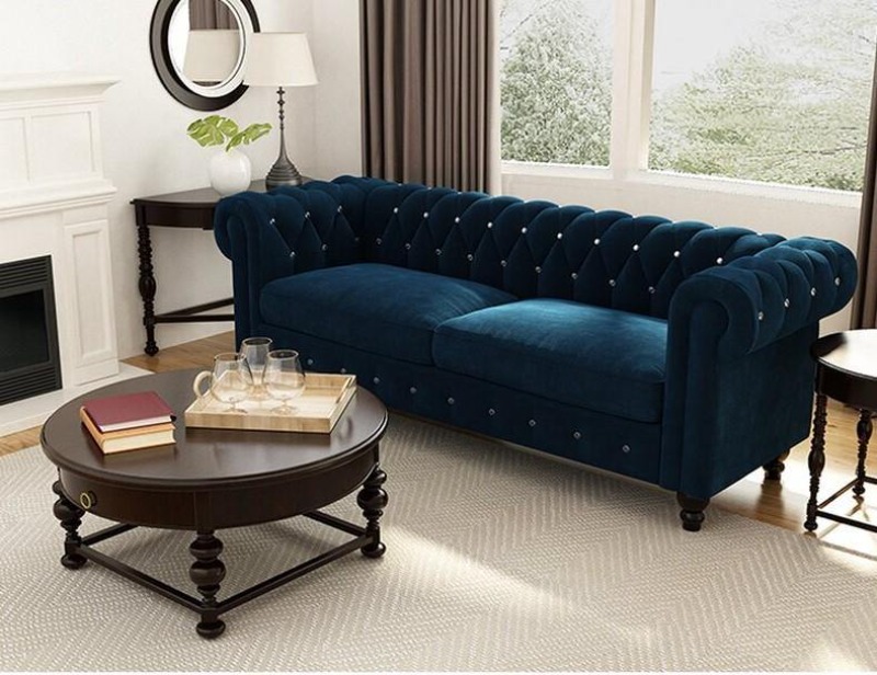 Graceful 3-Seater Velvet Fabric Button Tufted Rolled Arm Chesterfield Sofa ( Blue )