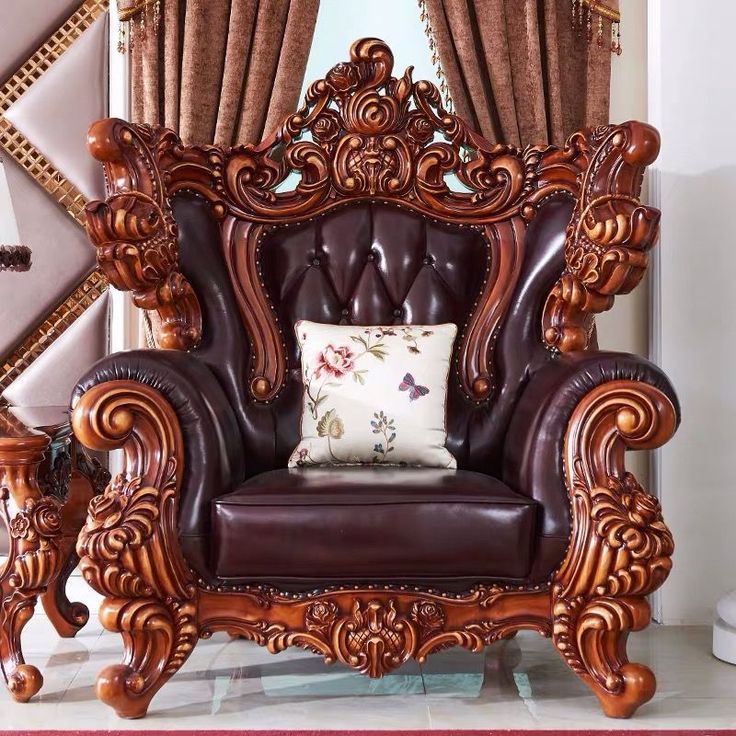 Wooden Carved Teak Wood European-Style Luxury Single Seater Sofa