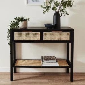 Meticulously Rattan Cane Teak Wood Console Table with 2 Drawers Storage Rack for Living Room (Black Finish)
